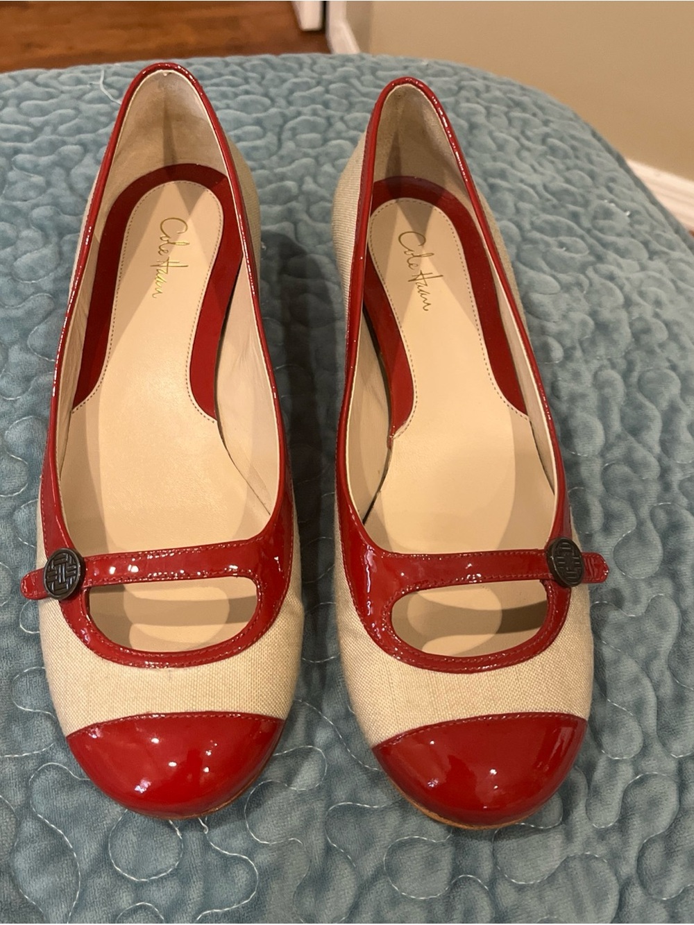 Cole Haan Red and Natural Canvas Mary Jane Flats - Picture 8 of 8